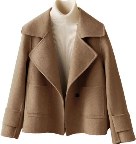 Womens Short Wool Pea Coat Notched Lapel Cropped Woolen Trench Coat with Pockets
