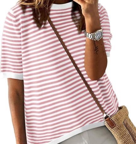 Women Tops Casual Summer Crewneck Short Sleeve Striped Color Block Knit High Low Trendy Pullover Sweaters