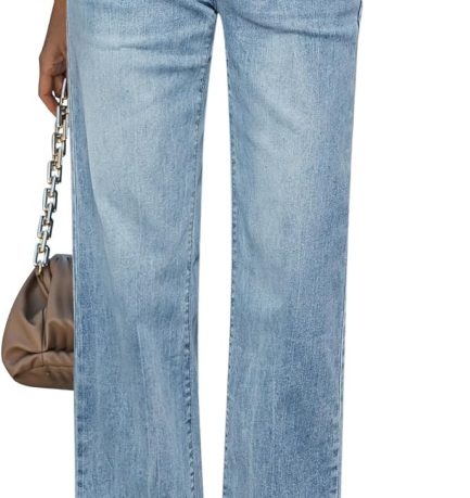 Straight Leg Jeans for Women High Waisted Stretchy Frayed Raw Hem Loose Denim Pants Casual Baggy Jean Trousers