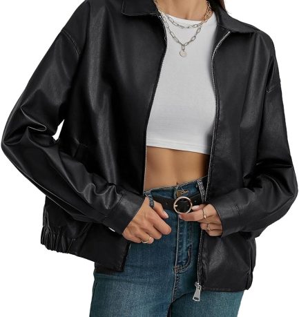 Women Faux Leather Long Sleeve Zip Up Motorcycle Jacket Biker Coat
