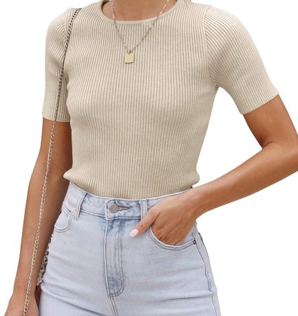 Women Short Sleeve Crewneck T Shirt 2026 Summer Ribbed Knit Slim Fit Basic Solid Color Tee Tops