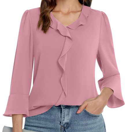 Womens 3/4 Length Sleeve Tops V Neck Dressy Casual Blouses Tunic Trendy Business Office Ruffle Work Shirts