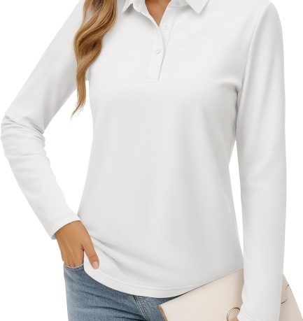Women's Polo Shirts Long Sleeve Cotton Collared T Shirt Golf Shirt Business Casual Tee Uniform Tops 3-Button