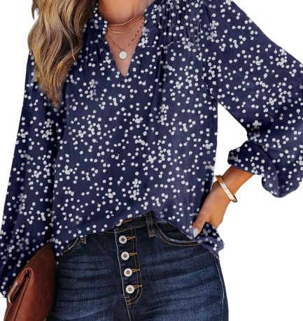 Women's Casual V Neck  Floral Print Smocked Long Sleeve Chiffon Blouses Bohemian Top Shirts