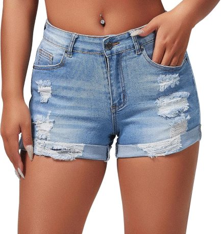 Women's Summer Mid Rise Ripped Denim Shorts Stretchy Butt Lifting Jean Shorts